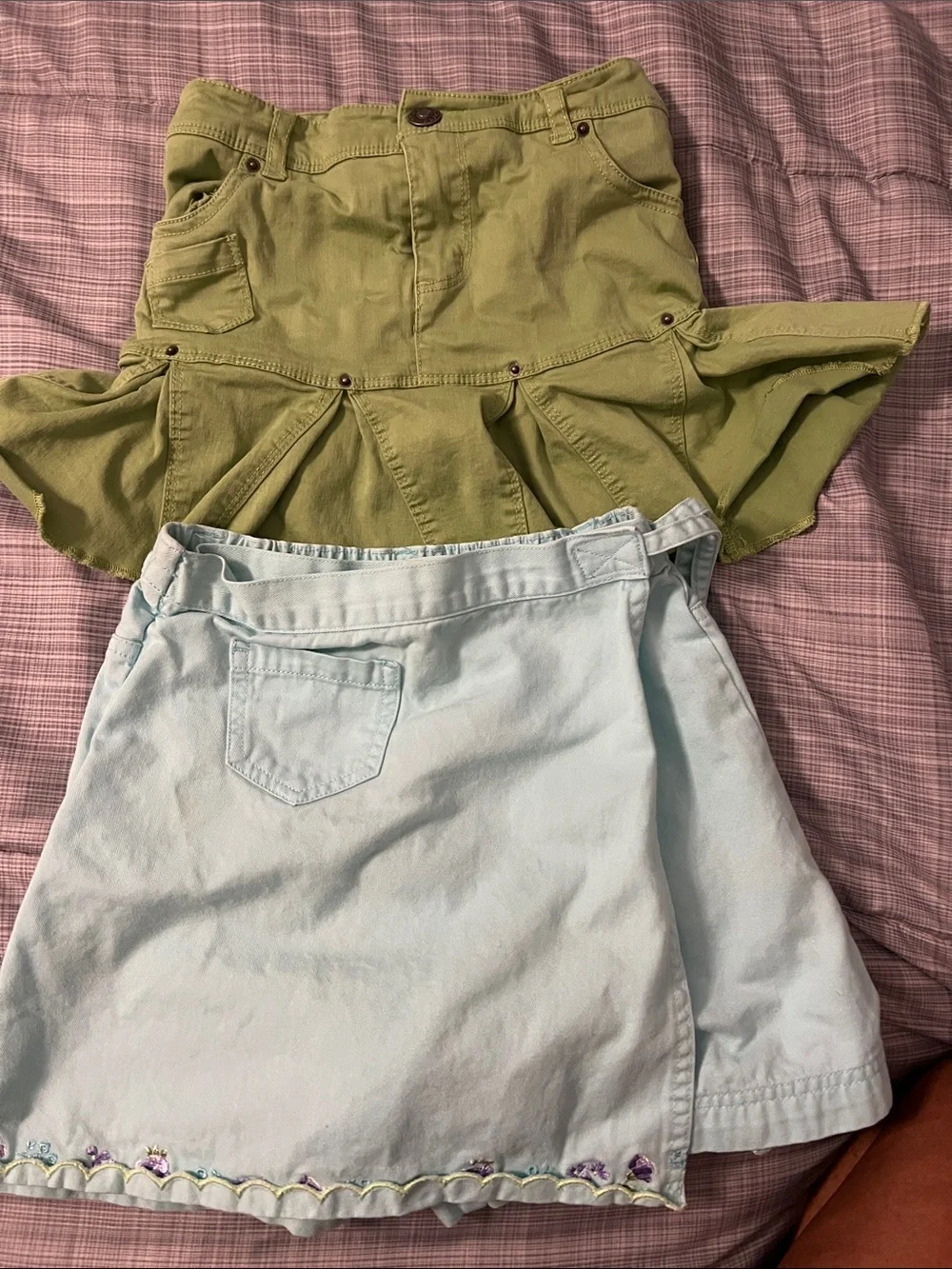 Olive Green and Light Blue kids Casual Skorts-